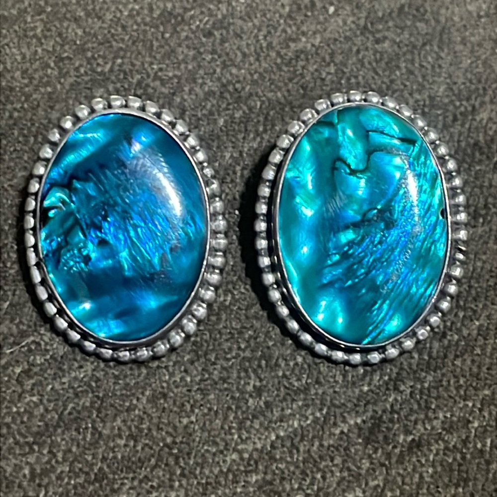 Sterling Silv ABALONE EARRINGS Real Solid Silver Fine Jewelry Statement Vintage
